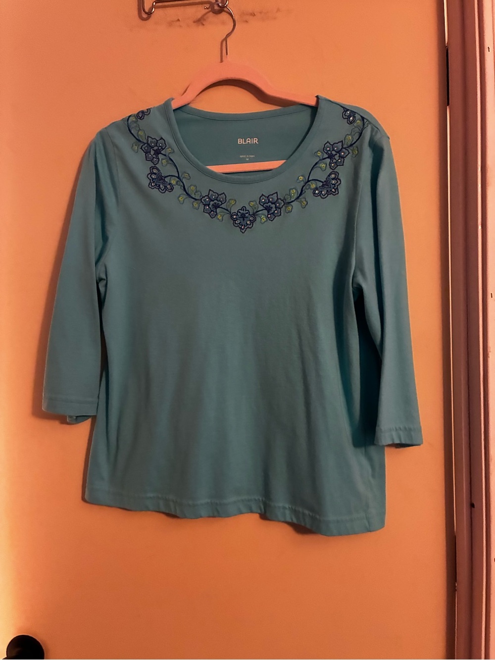 Blair Teal Floral Embroidered Scoop Neck Long Sleeve Top